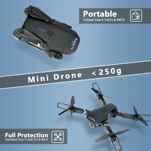 Portable mini drone weighing less than 250g with full protection features, compact design, and unfolded size of 11.4x8.7x1.8 inches.