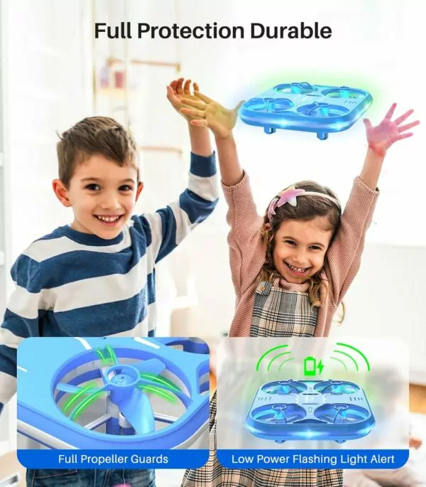 Children playing with a colorful flying drone indoors, showcasing its full protection and durable design. The kids are smiling and having fun, highlighting the toy's appeal for outdoor and indoor play.