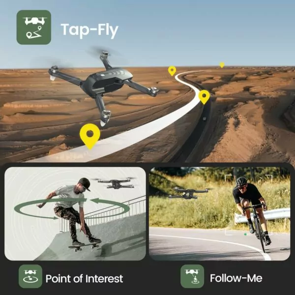 High-tech drone featuring Tap-Fly, Point of Interest, and Follow-Me modes for enhanced aerial photography and videography.