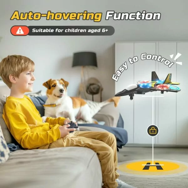 A child sitting on a sofa controls a colorful hovering toy airplane with a remote, while a dog watches nearby. The image highlights the toy's auto-hovering function, suitable for children aged 6 and up, emphasizing ease of control and interactive play.