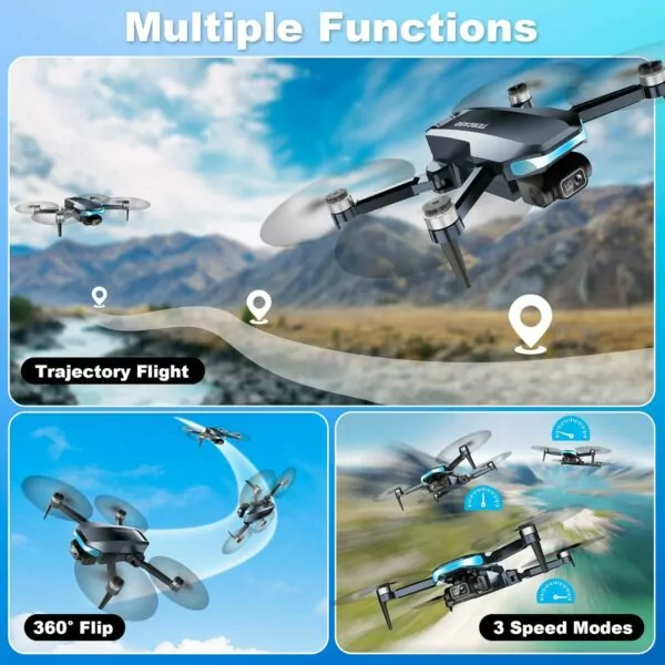 Drone showcasing multiple functions including trajectory flight, 360-degree flip, and two speed modes, set against a scenic mountainous background.