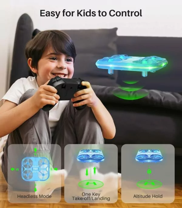 Child playing with a colorful flying drone, showcasing easy control with a game controller. The image highlights a fun and engaging activity for kids, emphasizing user-friendly features and interactive play.