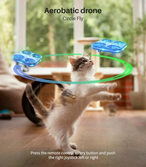 A playful cat interacting with an aerodynamic drone, showcasing the drone's hovering capabilities in a bright, indoor setting. The image highlights the fun and engaging features of the drone, appealing to pet owners and technology enthusiasts.