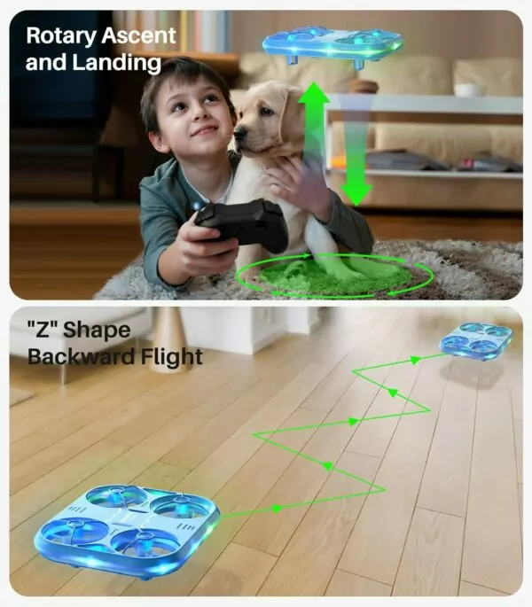 Child playing with a remote-controlled drone while sitting on the floor next to a puppy, demonstrating hover and landing features, with a visual guide showing the drone's flight path in a "Z" shape.