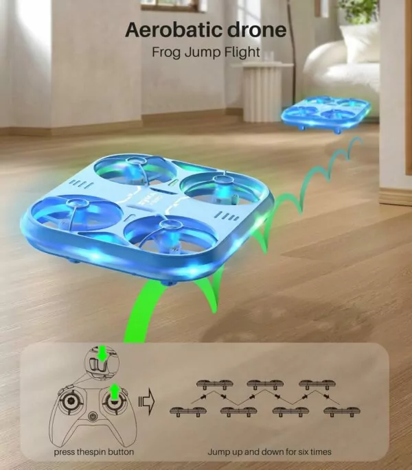 Aerobatic drone flying indoors, showcasing its vibrant blue design and illuminated features, with a controller interface displayed below.