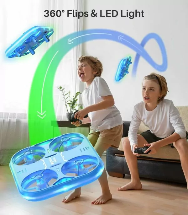 Two children enthusiastically play with a remote-controlled drone that performs 360 flips and features LED lights. The vibrant drone is shown flying above them, highlighting its fun and interactive capabilities.