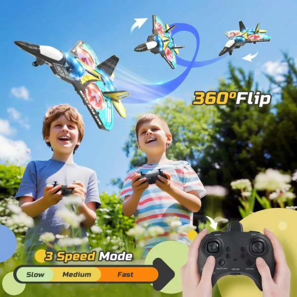 Two children joyfully flying remote-controlled toy planes in a sunny outdoor setting, showcasing features like 360 flips and multiple speed modes.