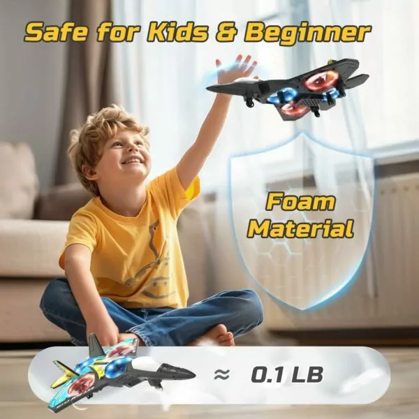 Child playing with a lightweight foam toy airplane, emphasizing safety for kids and beginners, with a playful expression in a bright indoor setting.