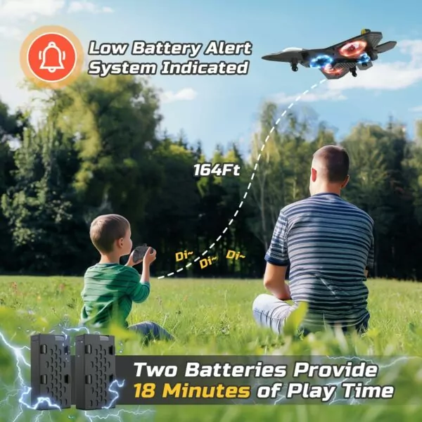 Child and adult flying a drone outdoors, demonstrating low battery alert system; text highlights that two batteries provide a total of 18 minutes of playtime.