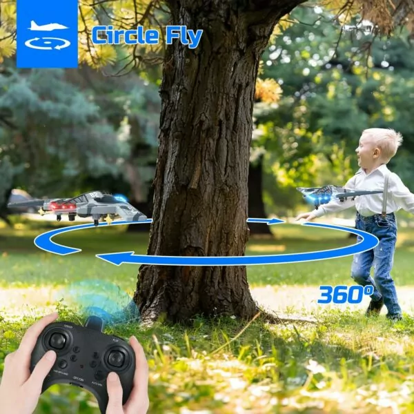 Remote control drone flying in a circular motion, operated by a child with a controller, showcasing 360-degree flight capabilities.