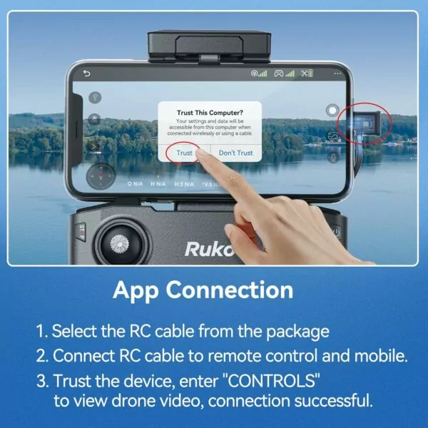 Step-by-step guide for connecting Ruko remote control to mobile app, featuring a smartphone and remote control setup.