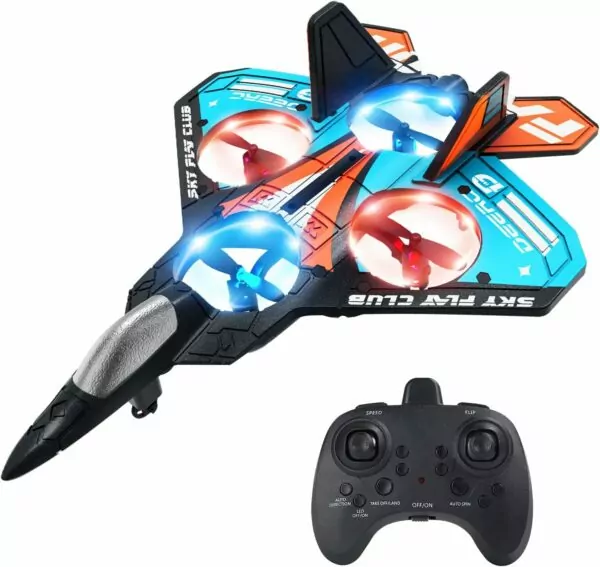 Remote-controlled flying jet with LED lights and a black controller, ideal for kids and hobbyists.