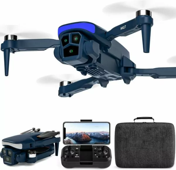 K417 Drone with Camera 1080p HD,90° Electric Adjustable Lens,Blue LED Lights AIdrones with Dual Cameras for Adults,Remote Control Quadcopter with Altitude Hold for Beginners,Gestures Selfie,Carry Case